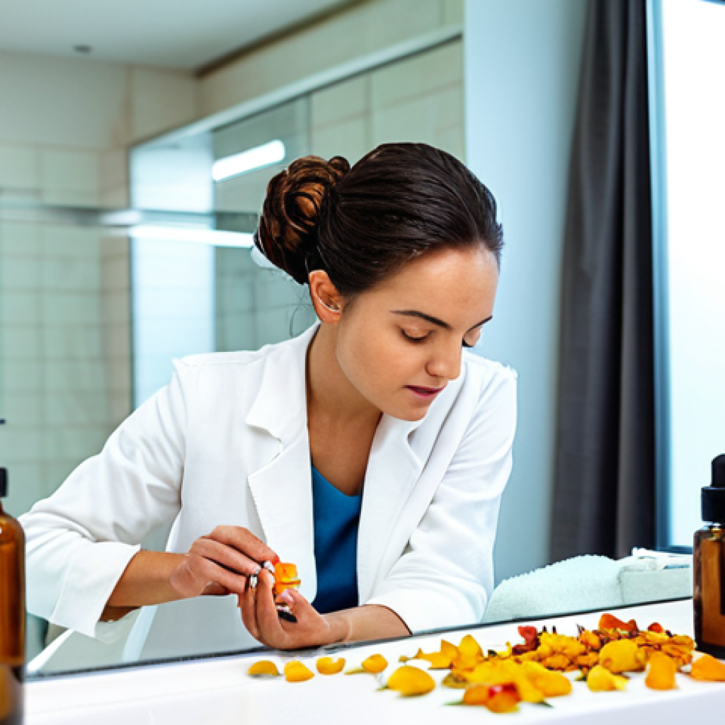 Choosing the Right Oil**

"A woman with a radiant, healthy complexion examines several bottles of facial oil in a brightly lit bathroom. Various natural ingredients like argan nuts, jojoba seeds, and rose petals are subtly visible. She is fully clothed in modest casual wear. Safe for work. Appropriate content. Professional product photography. Perfect anatomy, correct proportions, natural pose."

**
