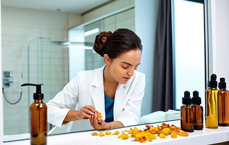 Choosing the Right Oil**

"A woman with a radiant, healthy complexion examines several bottles of facial oil in a brightly lit bathroom. Various natural ingredients like argan nuts, jojoba seeds, and rose petals are subtly visible. She is fully clothed in modest casual wear. Safe for work. Appropriate content. Professional product photography. Perfect anatomy, correct proportions, natural pose."

**