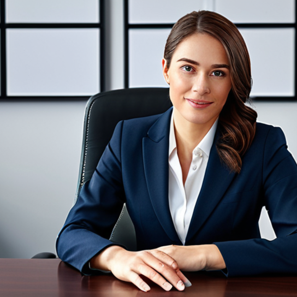 천연화장품 맞춤형 추천 서비스 - A professional businesswoman in a modest business suit, sitting at a desk in a modern office, fully ...