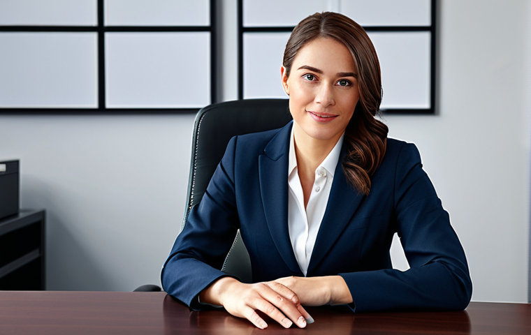 천연화장품 맞춤형 추천 서비스 - A professional businesswoman in a modest business suit, sitting at a desk in a modern office, fully ...