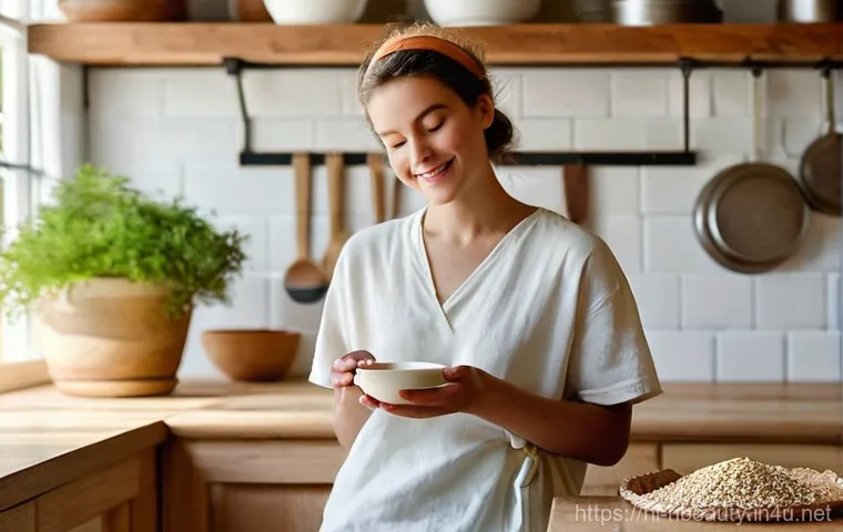 천연화장품을 활용한 스킨케어 루틴 - **Prompt 1: Gentle Oats & Yogurt Scrub in a Cozy Kitchen**
    "A candid, high-resolution photograph...