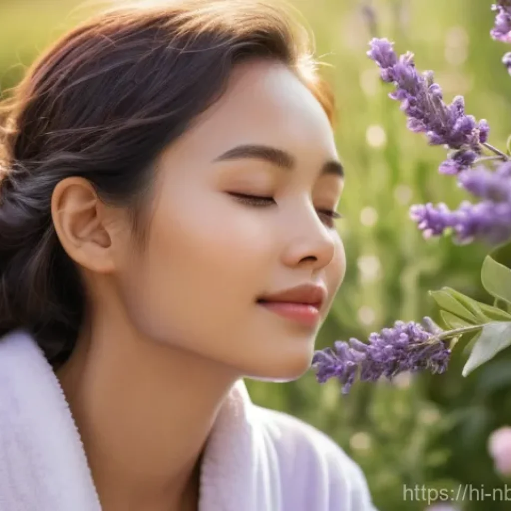 천연화장품 연구개발 트렌드 - A serene young woman (20s, East Asian descent) with radiant, dewy skin, gently applying a translucen...