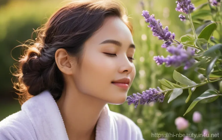 천연화장품 연구개발 트렌드 - A serene young woman (20s, East Asian descent) with radiant, dewy skin, gently applying a translucen...