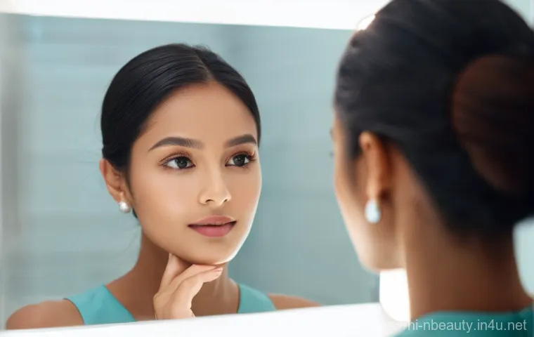 천연화장품 연구개발 트렌드 - A serene young woman (20s, East Asian descent) with radiant, dewy skin, gently applying a translucen...