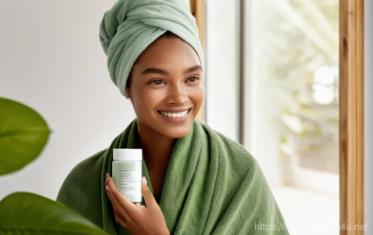 천연화장품 연구개발 트렌드 - A sophisticated woman (30s, South Asian descent) with impeccably smooth and clear skin, looking into...