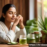 천연화장품과 일반화장품 차이점 - A serene spa scene featuring a young Indian woman with clear, glowing skin gently applying a natural...