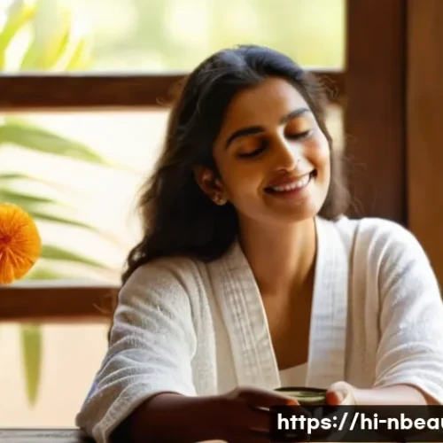 천연화장품에 함유된 비타민 성분 - A serene skincare scene featuring a young Indian woman with clear, hydrated skin applying a vitamin ...