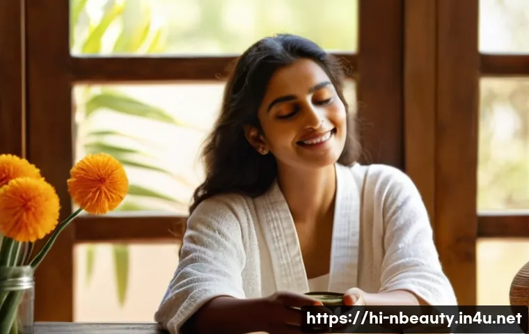 천연화장품에 함유된 비타민 성분 - A serene skincare scene featuring a young Indian woman with clear, hydrated skin applying a vitamin ...