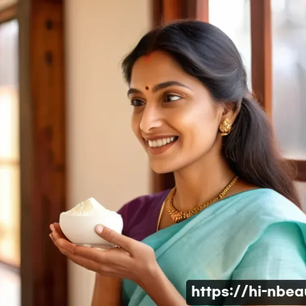 천연화장품 계절별 추천 제품 - A serene and elegant Indian woman in her mid-30s with glowing, well-moisturized skin, dressed in a l...