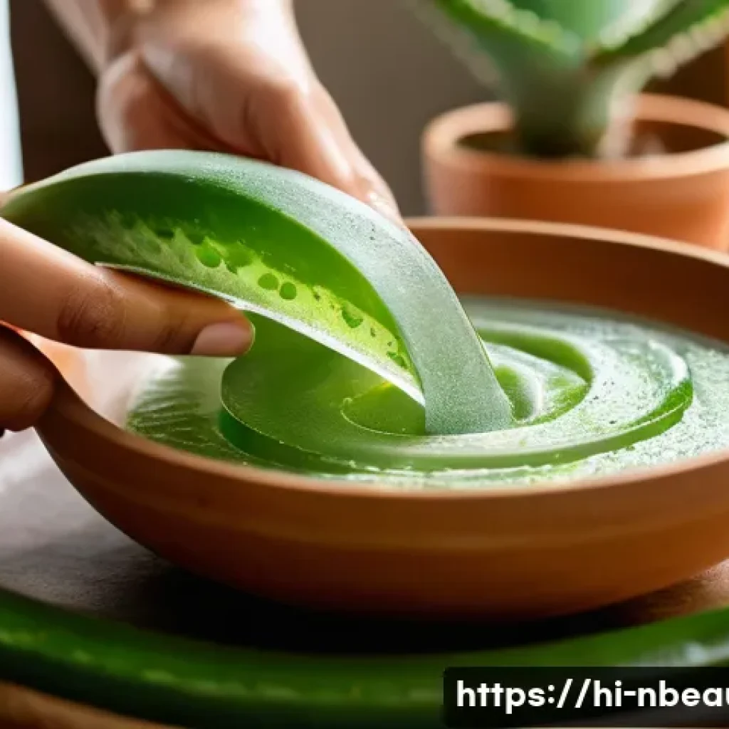 천연화장품 방부제 대체 성분 - A vibrant, detailed close-up of a natural skincare scene featuring a fresh aloe vera leaf being slic...