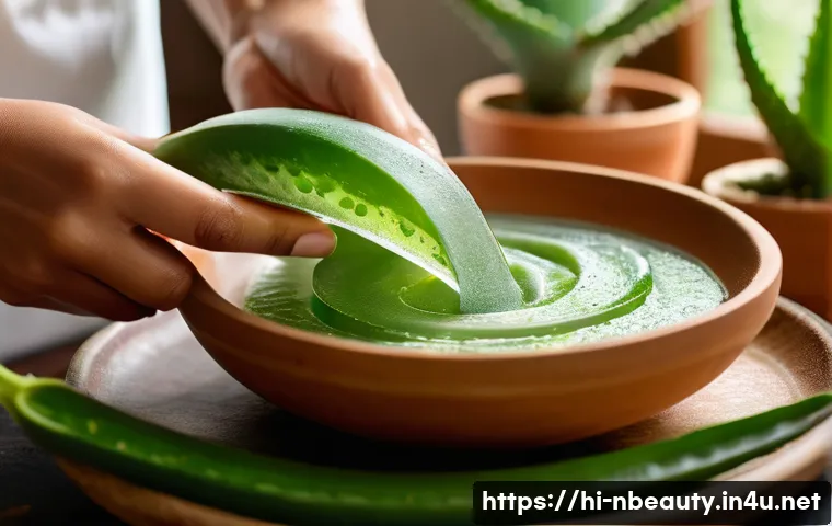천연화장품 방부제 대체 성분 - A vibrant, detailed close-up of a natural skincare scene featuring a fresh aloe vera leaf being slic...