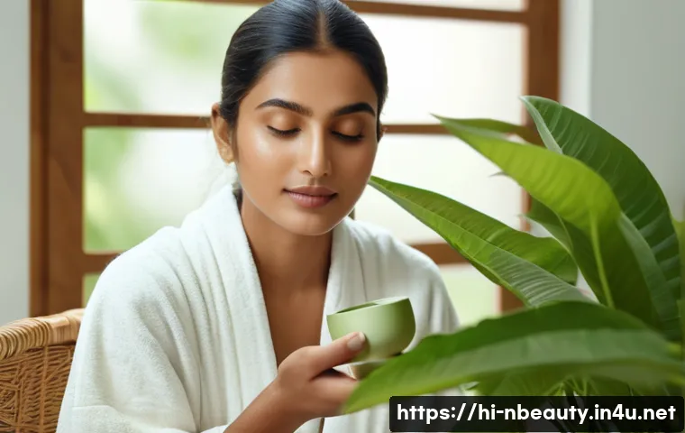 천연화장품 발효 성분 효과 - A serene and elegant skincare scene featuring a young Indian woman with clear, glowing skin applying...