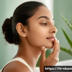 Home 21 천연화장품 화학성분 비교 - A serene, close-up portrait of a young Indian woman with sensitive skin applying a gentle, fragrance...