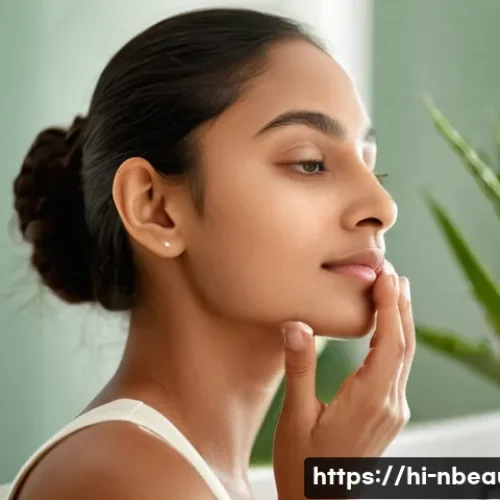 Home 33 천연화장품 화학성분 비교 - A serene, close-up portrait of a young Indian woman with sensitive skin applying a gentle, fragrance...