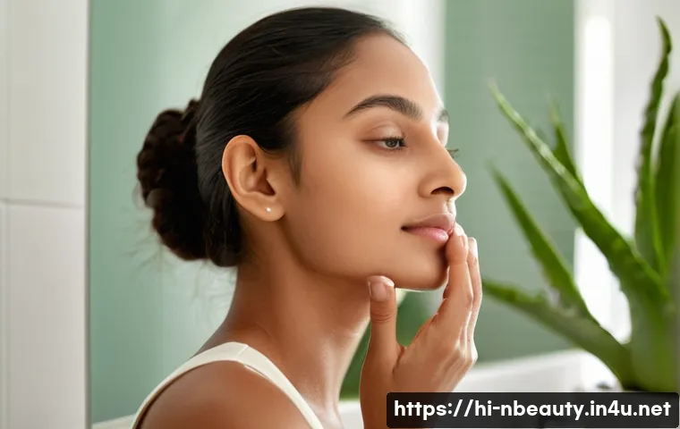 천연화장품 화학성분 비교 - A serene, close-up portrait of a young Indian woman with sensitive skin applying a gentle, fragrance...