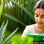 Home 18 천연화장품 구매시 체크포인트 - A serene, sunlit Indian woman gently reading the ingredient label on a natural cosmetic product, sur...
