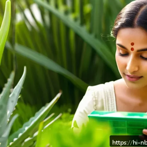 Home 30 천연화장품 구매시 체크포인트 - A serene, sunlit Indian woman gently reading the ingredient label on a natural cosmetic product, sur...