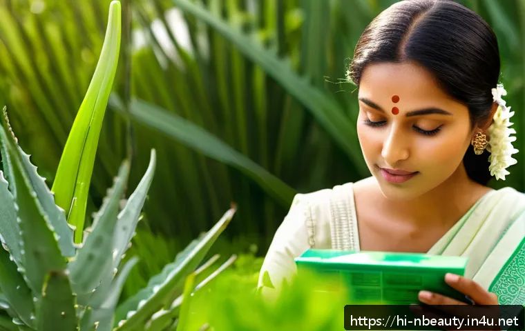 천연화장품 구매시 체크포인트 - A serene, sunlit Indian woman gently reading the ingredient label on a natural cosmetic product, sur...