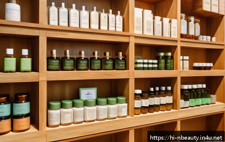 천연화장품 환불 및 교환 기준 - A cozy, well-lit natural cosmetics store interior featuring neatly arranged shelves with organic ski...